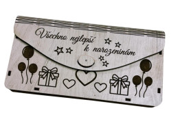Dřevěná obálka na peníze - Všechno nejlepší k narozeninám, 20x10cm