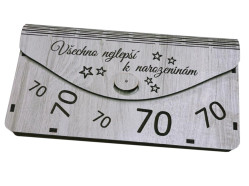 Dřevěná obálka na peníze - Všechno nejlepší 70 let, 20x10cm