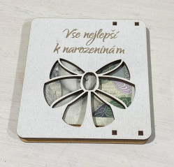 Dřevěná kapsa na peníze - VŠE NEJLEPŠÍ K NAROZENINÁM, 10x10cm