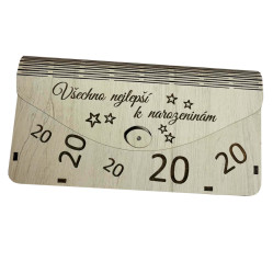 Dřevěná obálka na peníze - Všechno nejlepší 20 let, 20x10cm