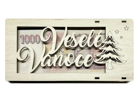 Dřevěná kapsa na peníze - Veselé Vánoce, šedý melír