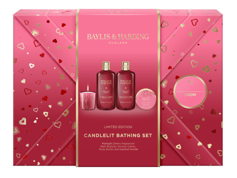 Baylis&Harding Midnight Cherry, dárková sada se svíčkou, 4dílná