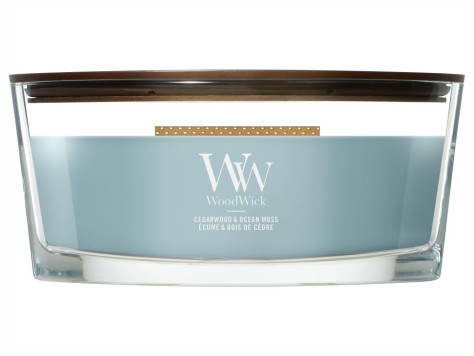 Vonná svíčka WoodWick Cedarwood & Ocean Moss, široký knot 453 g