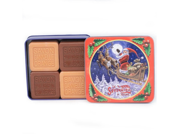 detail La Savonnerie Sada tuhých mýdel 4×100g v plechové dóze - Vánoční sáně