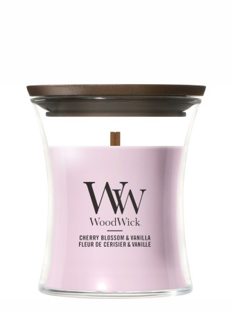 detail WoodWick CHERRY BLOSSOM & VANILLA, malá svíčka 85g