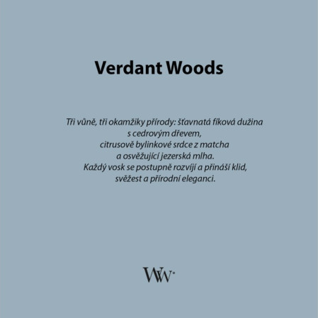 detail Vonná svíčka WoodWick Trilogy Verdant Woods, široký knot 453 g