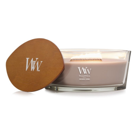 detail Vonná svíčka WoodWick PATCHOULI CRÉME, široký knot 453g