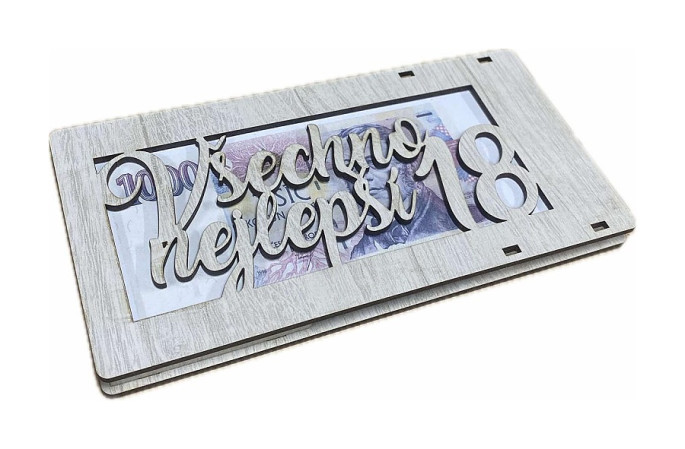 detail Dřevěná kapsa na peníze - Všechno nejlepší 18 let, šedý melír