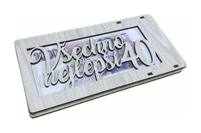 detail Dřevěná kapsa na peníze - Všechno nejlepší 40 let, šedý melír