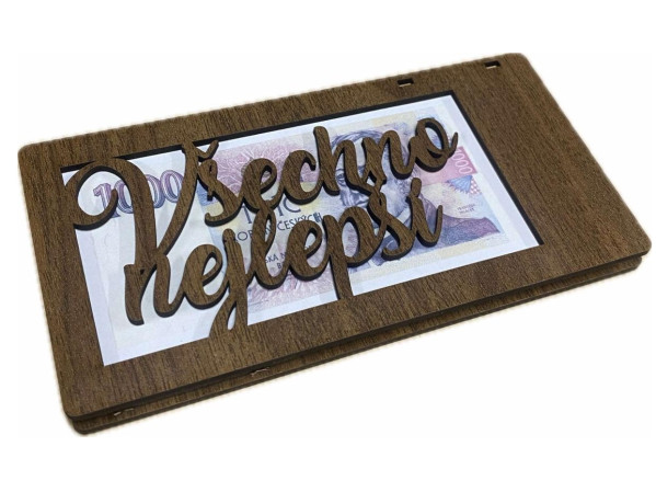 detail Dřevěná kapsa na peníze - VŠECHNO NEJLEPŠÍ, tmavě hnědá