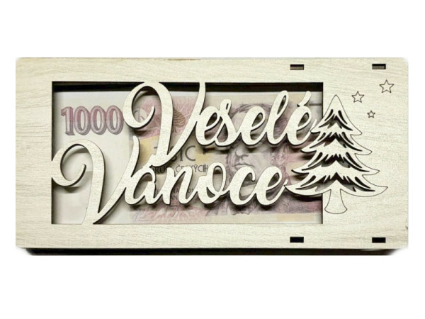 detail Dřevěná kapsa na peníze - Veselé Vánoce, šedý melír