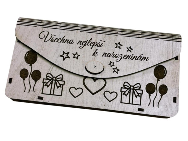 detail Dřevěná obálka na peníze - Všechno nejlepší k narozeninám, 20x10cm