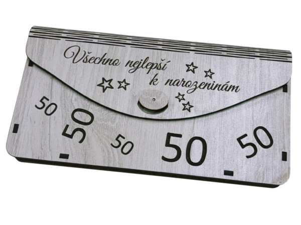 detail Dřevěná obálka na peníze - Všechno nejlepší 50 let, 20x10cm