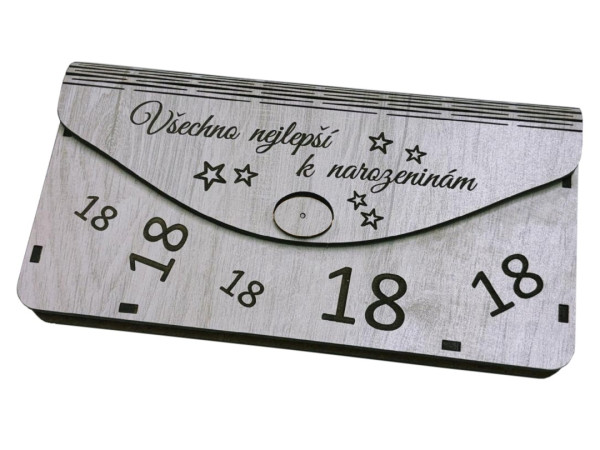 detail Dřevěná obálka na peníze - Všechno nejlepší 18 let, 20x10cm