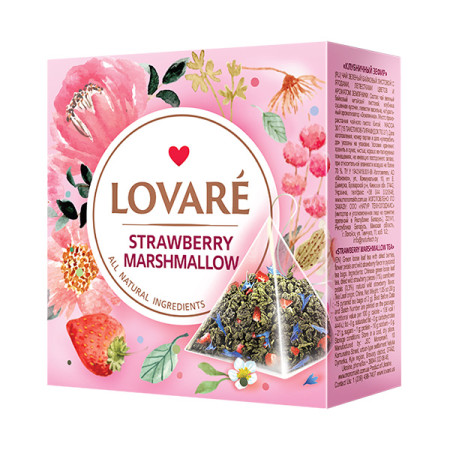 detail LOVARÉ 15 pyramidek STRAWBERRY MARSHMALLOW, zelený čaj