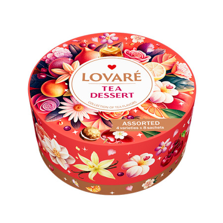 detail LOVARÉ 32 čajových sáčků TEA DESSERT, kulatý box 64g