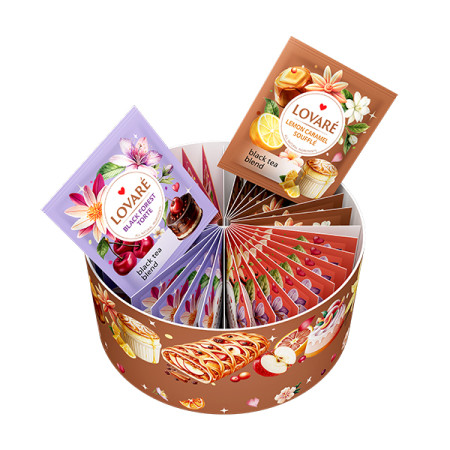 detail LOVARÉ 32 čajových sáčků TEA DESSERT, kulatý box 64g