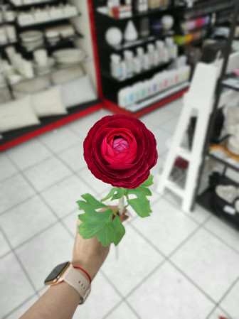 detail Autronic Ranunculus, umělý řezaný květ a poupě, tm. červený, 50cm