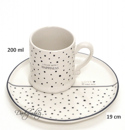 detail Bastion Collections Hrneček 200ml + talířek 19cm HAPPINESS LOVE in black