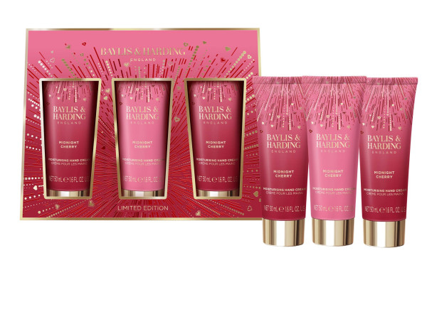 detail Baylis&Harding Midnight Cherry, dárková sada krémů na ruce, 3dílná