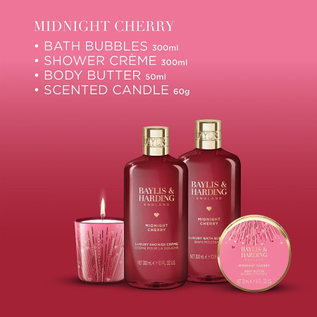 detail Baylis&Harding Midnight Cherry, dárková sada se svíčkou, 4dílná