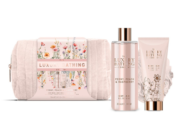 detail Grace Cole Peony, Peach & Raspberry, set s velkou kosmetickou taškou