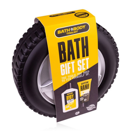 detail Accentra Bath & Body Toolkit v pouzdře ve tvaru pneumatiky, 16x5cm