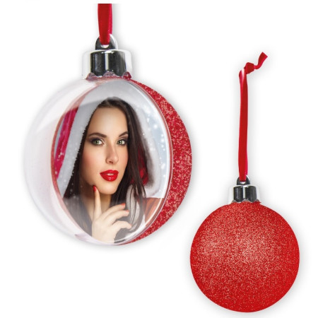 detail FOTODÁREK: VÁNOČNÍ OZDOBA ČERVENÁ na fotografii, průměr 7,5 cm