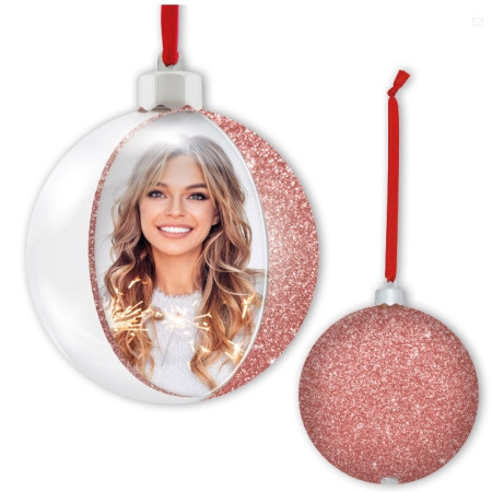 detail FOTODÁREK: VÁNOČNÍ OZDOBA RŮŽOVÁ na fotografii, průměr 7,5 cm