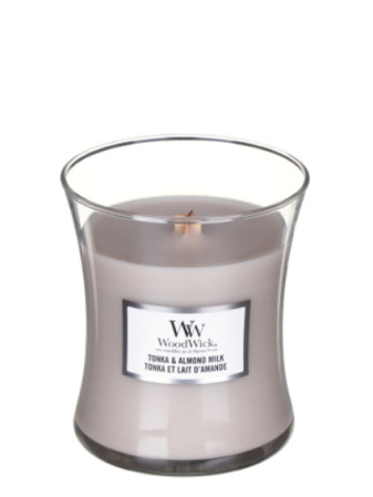 detail Vonná svíčka WoodWick TONKA & ALMOND MILK, střední 275g
