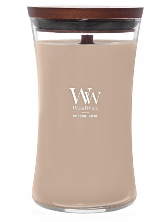 detail Vonná svíčka WoodWick PATCHOULI CRÉME, velká 609g
