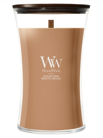detail WoodWick HAZELNUT ROAST, velká svíčka 609g