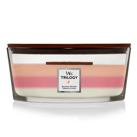 detail Vonná svíčka WoodWick Trilogy BLOOMING ORCHARD, široký knot 453 g