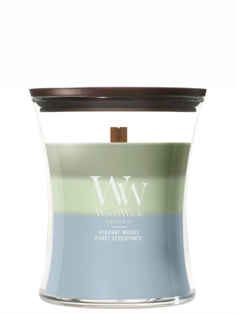 detail Vonná svíčka WoodWick Trilogy Verdant Woods, střední 275 g
