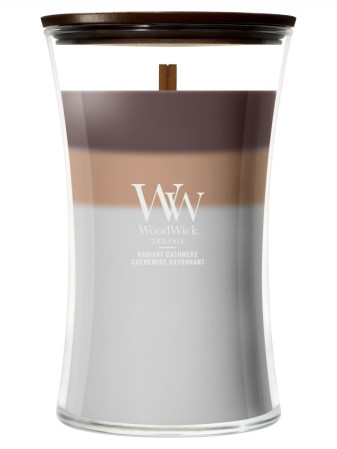 detail Vonná svíčka WoodWick Trilogy Radiant Cashmere, velká 609 g