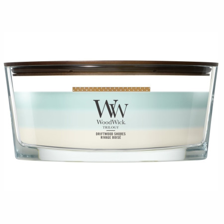 detail Vonná svíčka WoodWick Trilogy Driftwood Shores, široký knot 453 g