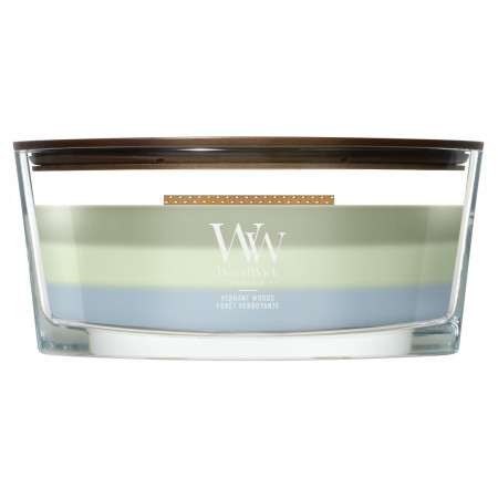 detail Vonná svíčka WoodWick Trilogy Verdant Woods, široký knot 453 g
