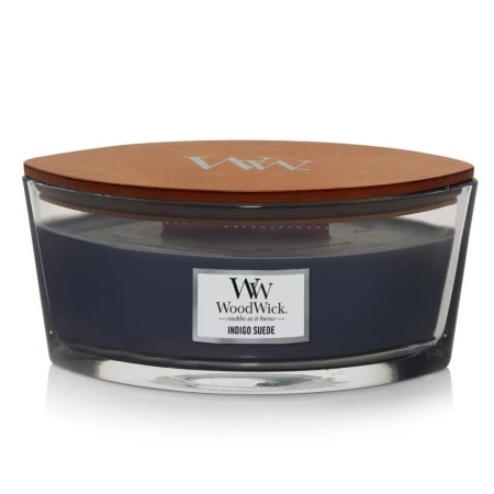 detail Vonná svíčka WoodWick INDIGO SUEDE, široký knot 453 g
