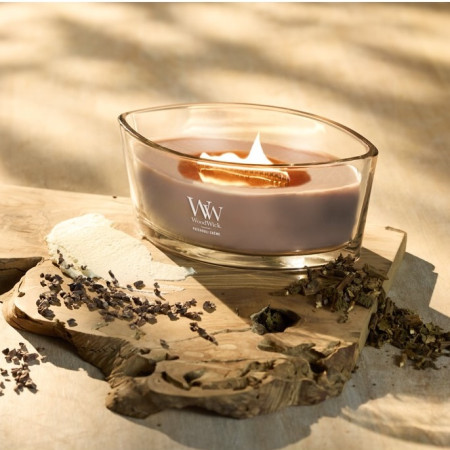 detail Vonná svíčka WoodWick PATCHOULI CRÉME, široký knot 453g