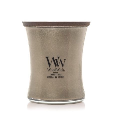 detail WoodWick CYPRESS ORE, střední svíčka 275g