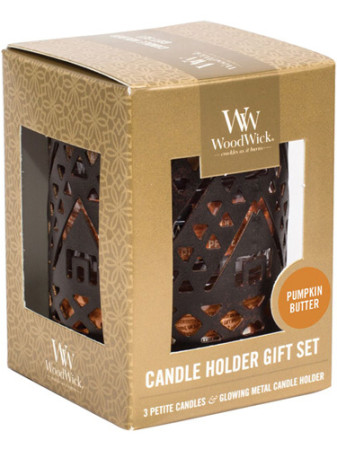 detail WoodWick DÁRKOVÁ SADA Petite PUMPKIN BUTTER 3 ks a kovový svícen