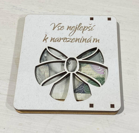 Dřevěná kapsa na peníze - VŠE NEJLEPŠÍ K NAROZENINÁM, 10x10cm