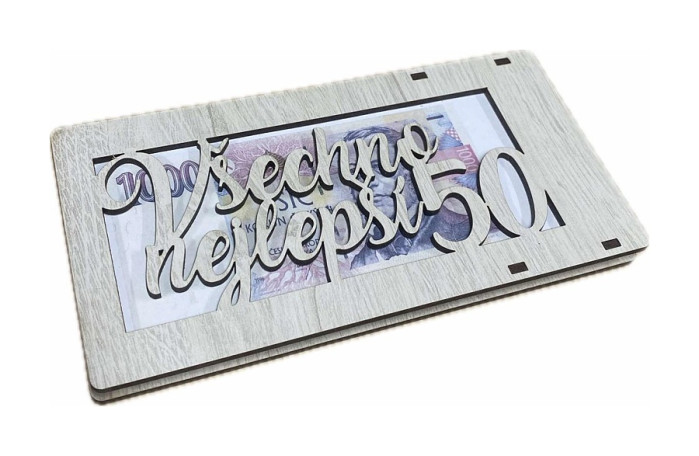 detail Dřevěná kapsa na peníze - Všechno nejlepší 50 let, šedý melír