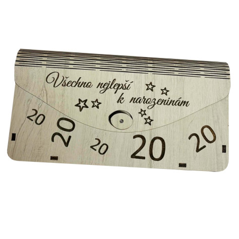 Dřevěná obálka na peníze - Všechno nejlepší 20 let, 20x10cm