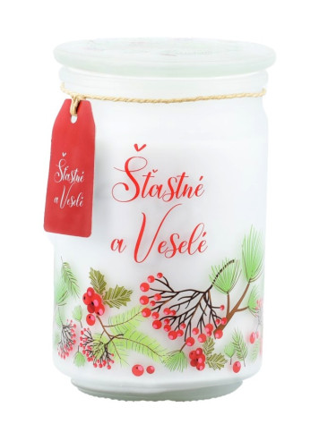 Emocio Vonná svíčka ve skle Šťastné a veselé 93×142mm se skleněným víčkem