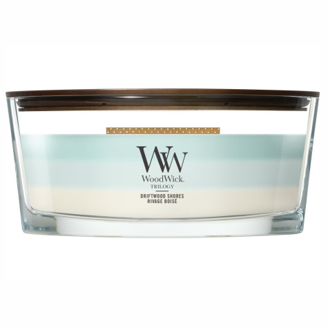 Vonná svíčka WoodWick Trilogy Driftwood Shores, široký knot 453 g
