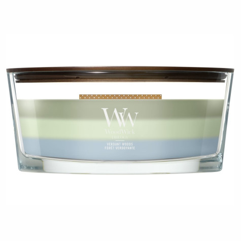 Vonná svíčka WoodWick Trilogy Verdant Woods, široký knot 453 g
