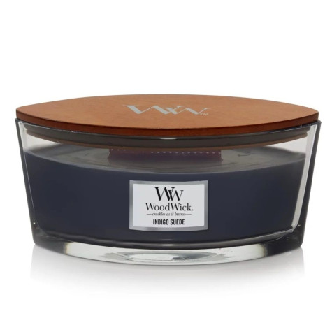 Vonná svíčka WoodWick INDIGO SUEDE, široký knot 453 g