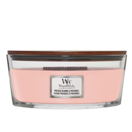 detail Vonná svíčka WoodWick PRESSED BLOOMS & PATCHOULI, široký knot 453 g