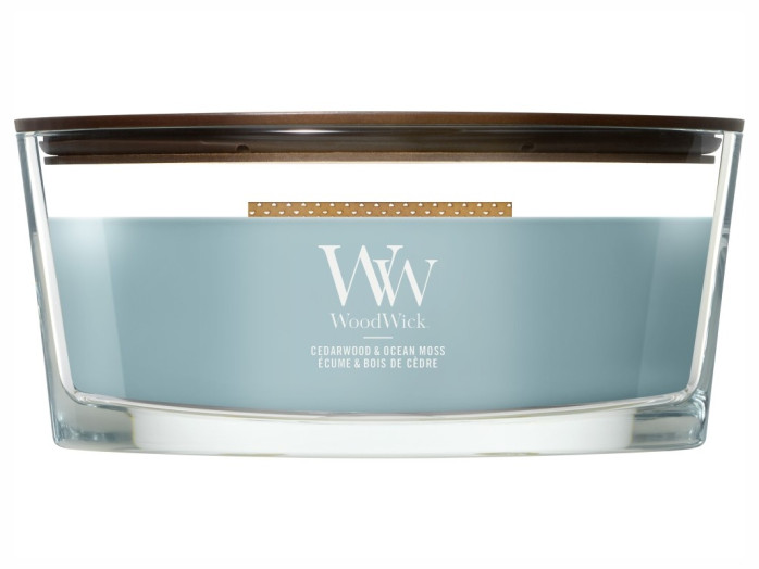 detail Vonná svíčka WoodWick Cedarwood & Ocean Moss, široký knot 453 g